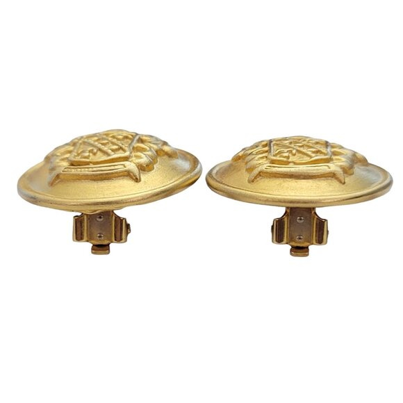 Gold Tone Round Raised Shield Design Clip On Earrings E846 - Picture 5 of 9